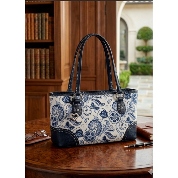 Brighton Handbags - Brighton Blue Floral Paisley Canvas Leather Trim Shoulder Bag Tote D433222